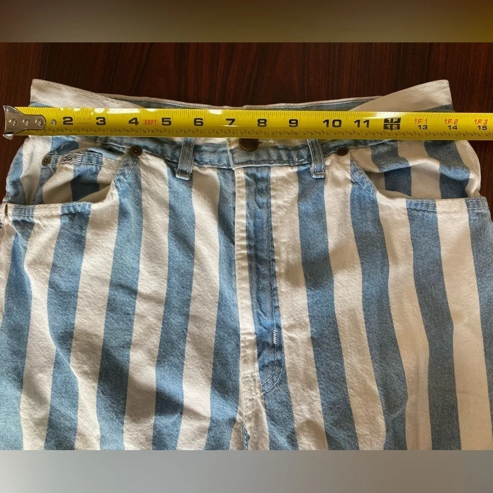 Vintage Chic High Waisted Mom Shorts, 1990s Striped Denim Shorts, Modest Shorts
